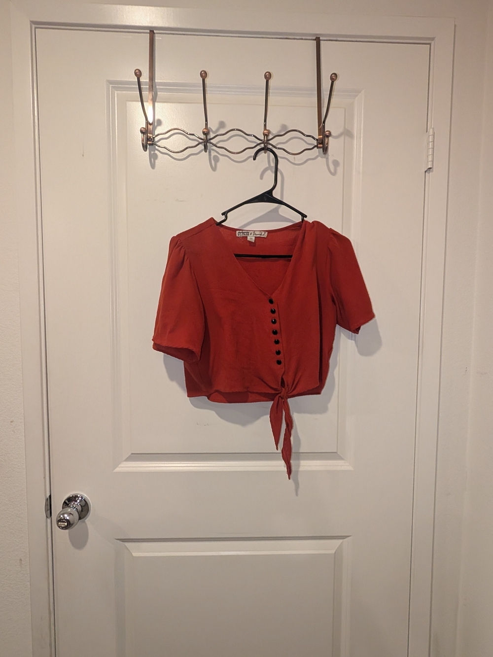 Women's Rust Orange Flutter Sleeve Tie Top with Buttons Boho Vibe